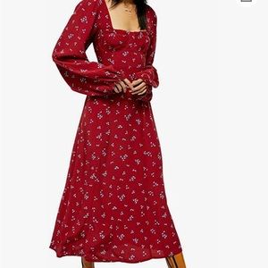 Free People Iris Women's Floral Print Square Neck Balloon Sleeve Midi Dress